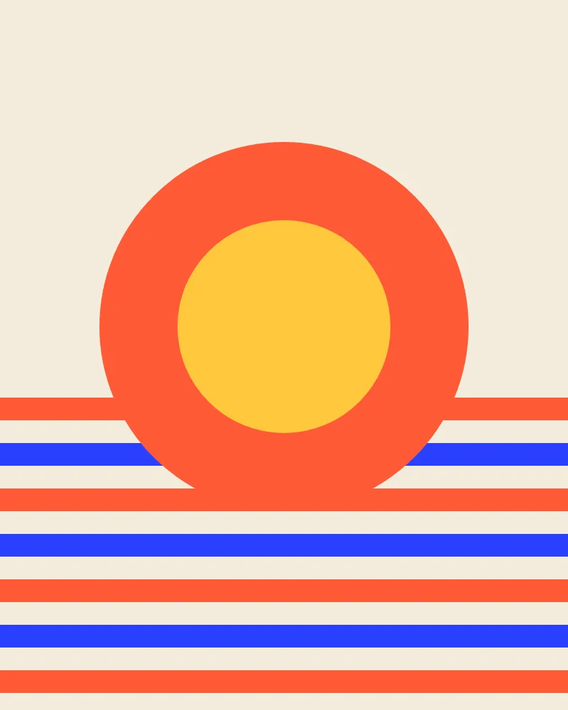 Voorbeeldontwerp: een oranje zon boven blauwe en oranje strepen